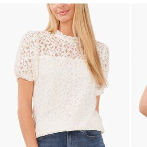 CeCe Puff Sleeve White Floral Lace Blouse Sz M.